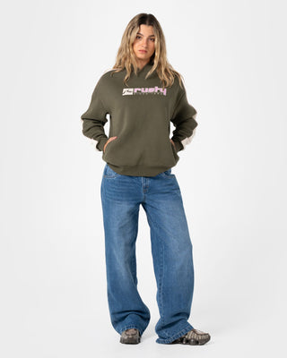 Woman wearing Hailstone Oversized Hooded Fleece in Army Green