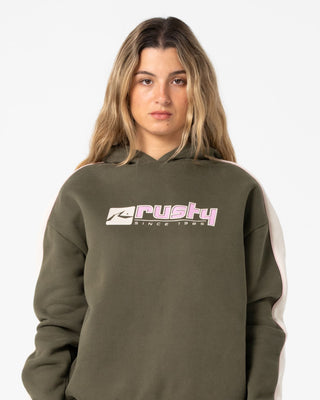 Woman wearing Hailstone Oversized Hooded Fleece in Army Green