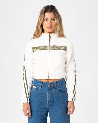 Woman wearing Freeway Crop Zip Through Polar Fleece in Cream