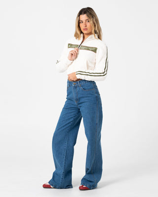 Woman wearing Freeway Crop Zip Through Polar Fleece in Cream