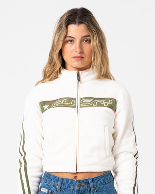 Woman wearing Freeway Crop Zip Through Polar Fleece in Cream