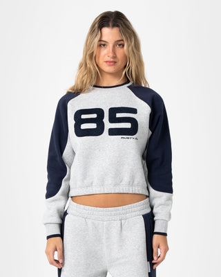 Woman wearing Harvest Cropped Crew Neck Fleece in Grey Marle