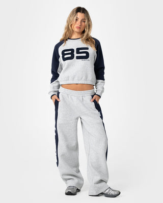 Woman wearing Harvest Cropped Crew Neck Fleece in Grey Marle