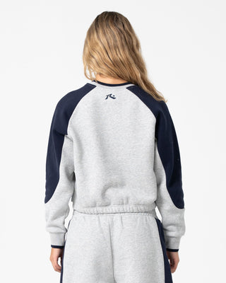 Woman wearing Harvest Cropped Crew Neck Fleece in Grey Marle