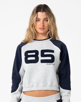 Woman wearing Harvest Cropped Crew Neck Fleece in Grey Marle