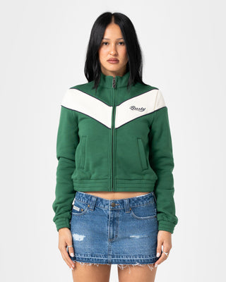 Woman wearing Fever Zip Through Fleece in Green Bean