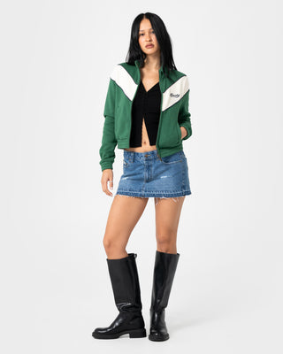 Woman wearing Fever Zip Through Fleece in Green Bean