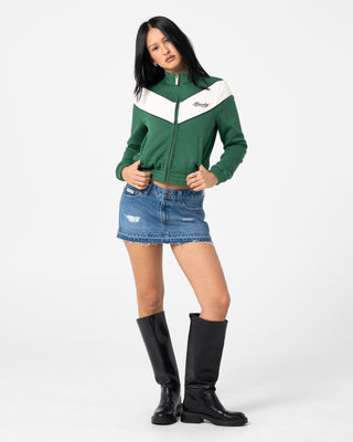 Woman wearing Fever Zip Through Fleece in Green Bean