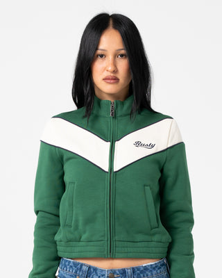 Woman wearing Fever Zip Through Fleece in Green Bean