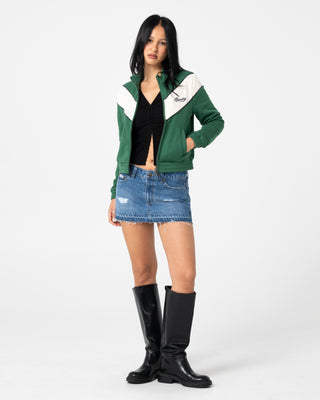 Woman wearing Fever Zip Through Fleece in Green Bean