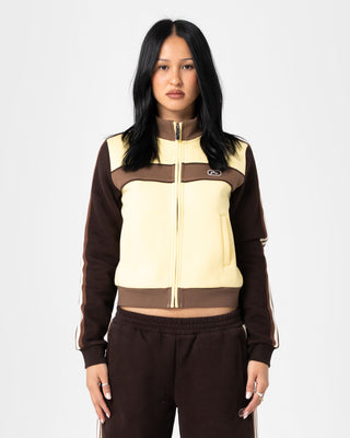 Woman wearing Toffee Zip Through Fleece in Pale Banana