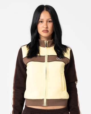 Woman wearing Toffee Zip Through Fleece in Pale Banana
