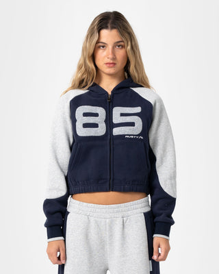 Woman wearing Harvest Cropped Zip Through Fleece in Navy