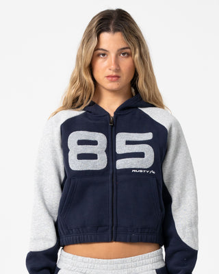 Woman wearing Harvest Cropped Zip Through Fleece in Navy