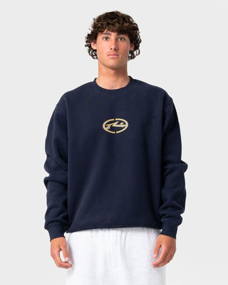 Man wearing Turbo Crew Fleece in Navy Blue