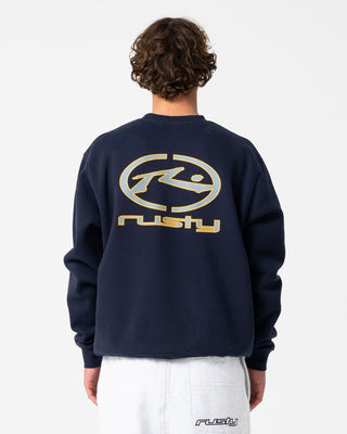 Man wearing Turbo Crew Fleece in Navy Blue