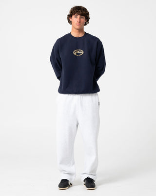 Man wearing Turbo Crew Fleece in Navy Blue