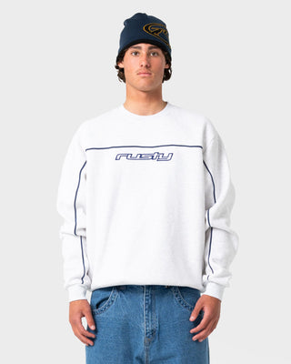 Man wearing Trigger Crew Fleece in Ecru Marle