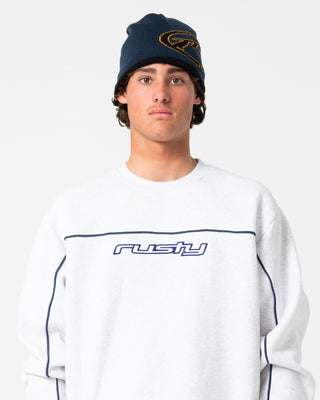 Man wearing Trigger Crew Fleece in Ecru Marle