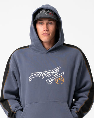Man wearing Dine N Dash Hooded Fleece in Steel