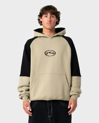 Man wearing Shesh Besh Hooded Fleece in Abbey Stone