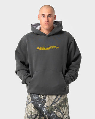 Man wearing Outliner Hooded Fleece in Carbon