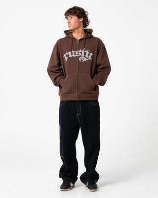 Man wearing Freaker Zip Thru Hooded Fleece in Pinecone