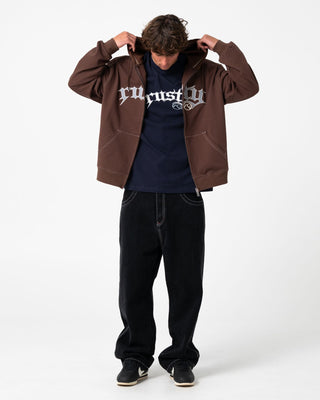 Man wearing Freaker Zip Thru Hooded Fleece in Pinecone