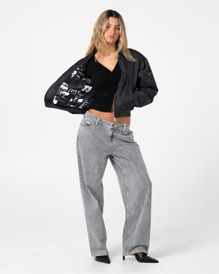 Woman wearing Baddie Bomber Jacket in Carbon