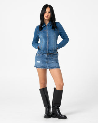Woman wearing Distress Me Out Denim Micro Mini Skirt in Blasted Middy Blue