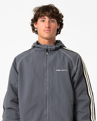 Man wearing Lock Out Hooded Jacket in Steel Blue