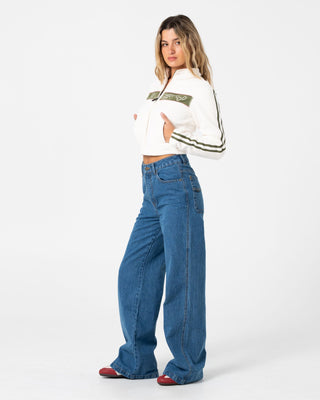 Woman wearing Cyprus Wide Leg High Waist Jean in Authentic Blue