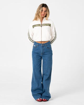 Woman wearing Cyprus Wide Leg High Waist Jean in Authentic Blue