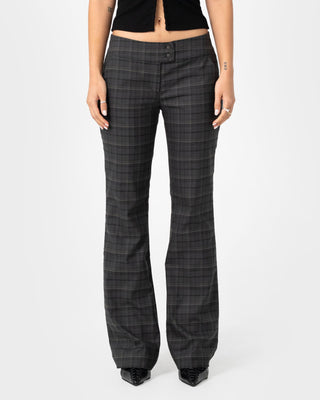 Woman wearing Plaid Mummy Low Rise Suit Pant in Carbon Plaid