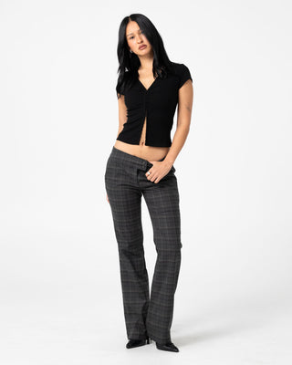 Woman wearing Plaid Mummy Low Rise Suit Pant in Carbon Plaid
