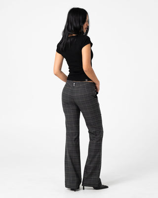 Woman wearing Plaid Mummy Low Rise Suit Pant in Carbon Plaid