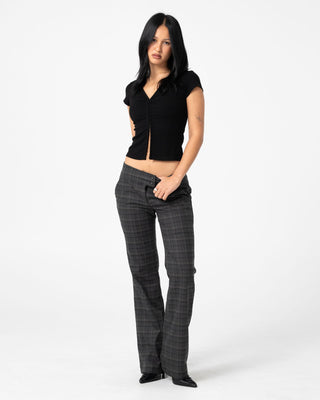 Woman wearing Plaid Mummy Low Rise Suit Pant in Carbon Plaid