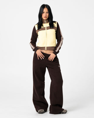 Woman wearing Toffee Wide Leg Fleece Pant in Java