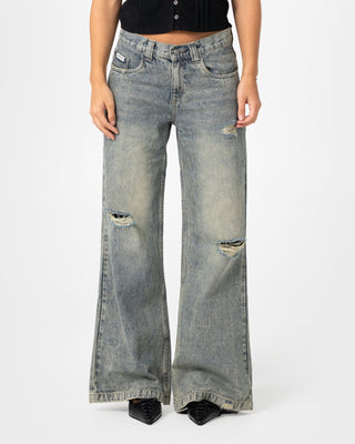Woman wearing DIY Wendy Wide Low Rise Wide Leg Jean in Dirty Dawg