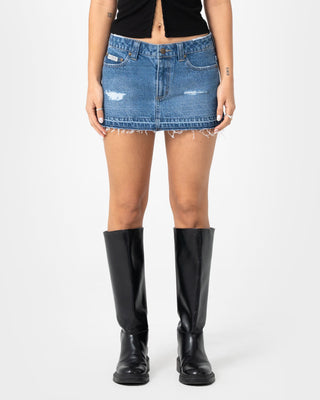 Woman wearing Distress Me Out Denim Micro Mini Skirt in Blasted Middy Blue