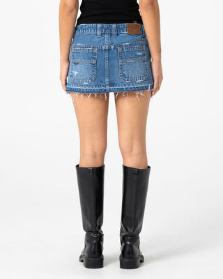 Woman wearing Distress Me Out Denim Micro Mini Skirt in Blasted Middy Blue