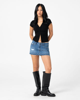 Woman wearing Distress Me Out Denim Micro Mini Skirt in Blasted Middy Blue