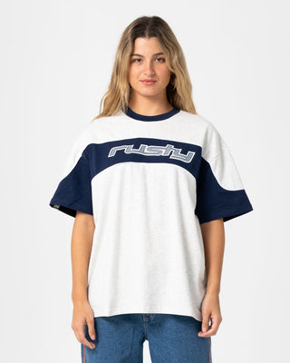 Woman wearing Kinetic Oversize Tee in Ecru Marle