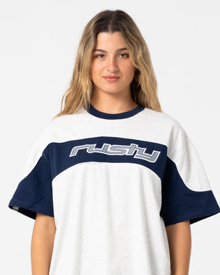 Woman wearing Kinetic Oversize Tee in Ecru Marle
