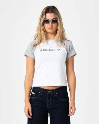 Woman wearing Archived Raglan Baby Tee in Ecru Marle / Grey