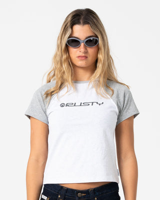Woman wearing Archived Raglan Baby Tee in Ecru Marle / Grey