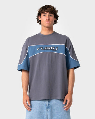 Man wearing Kinetic Short Sleeve Heavy Tee in Steel