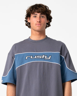 Man wearing Kinetic Short Sleeve Heavy Tee in Steel