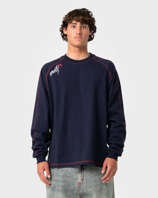 Man wearing Kurupt Long Sleeve Heavy Tee in Navy Blue