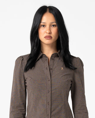 Woman wearing Missy May Long Sleeve Shirt in Java Plaid